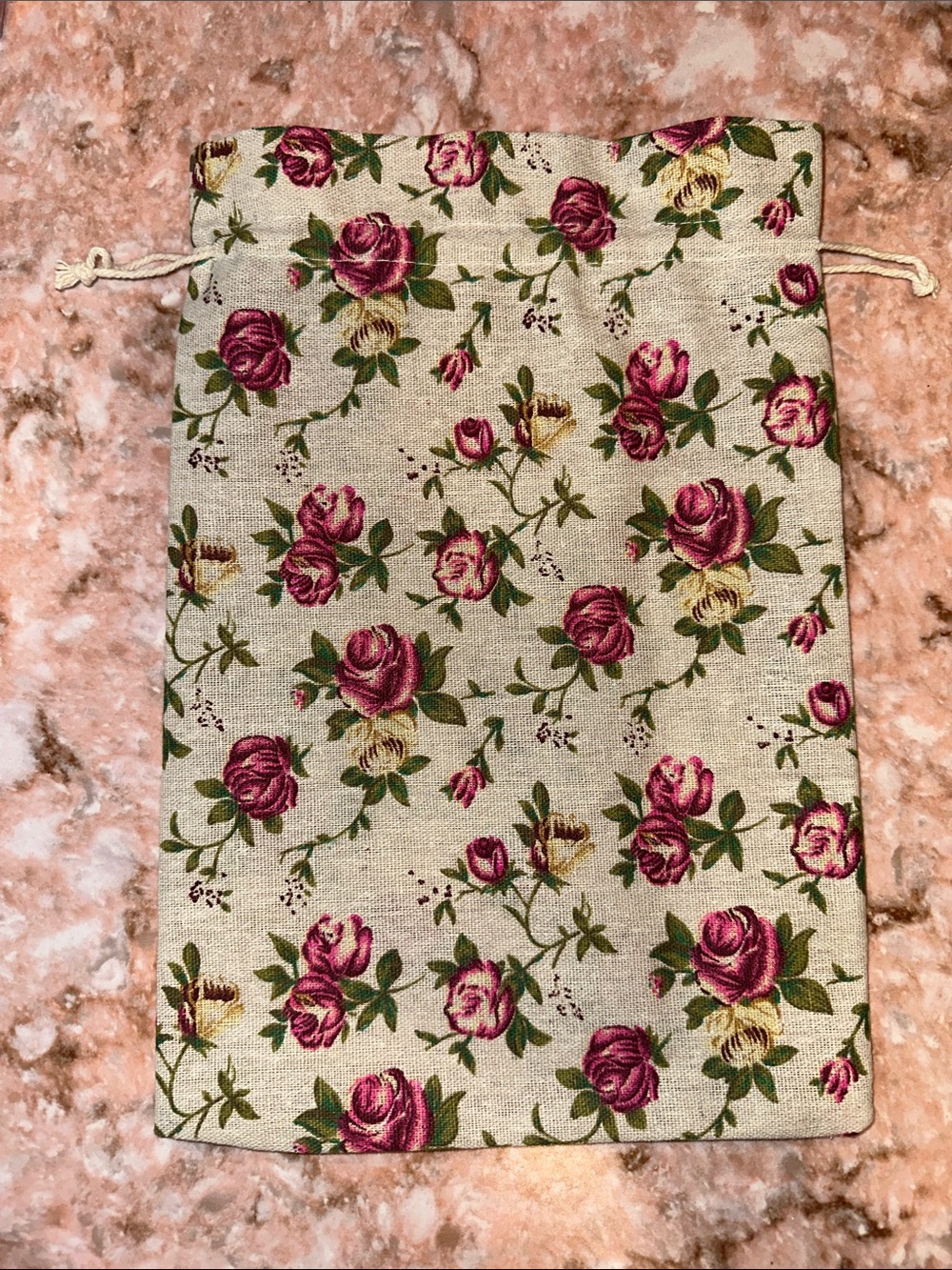 Floral Drawstring Pouch - Beige with Pink Rose Print